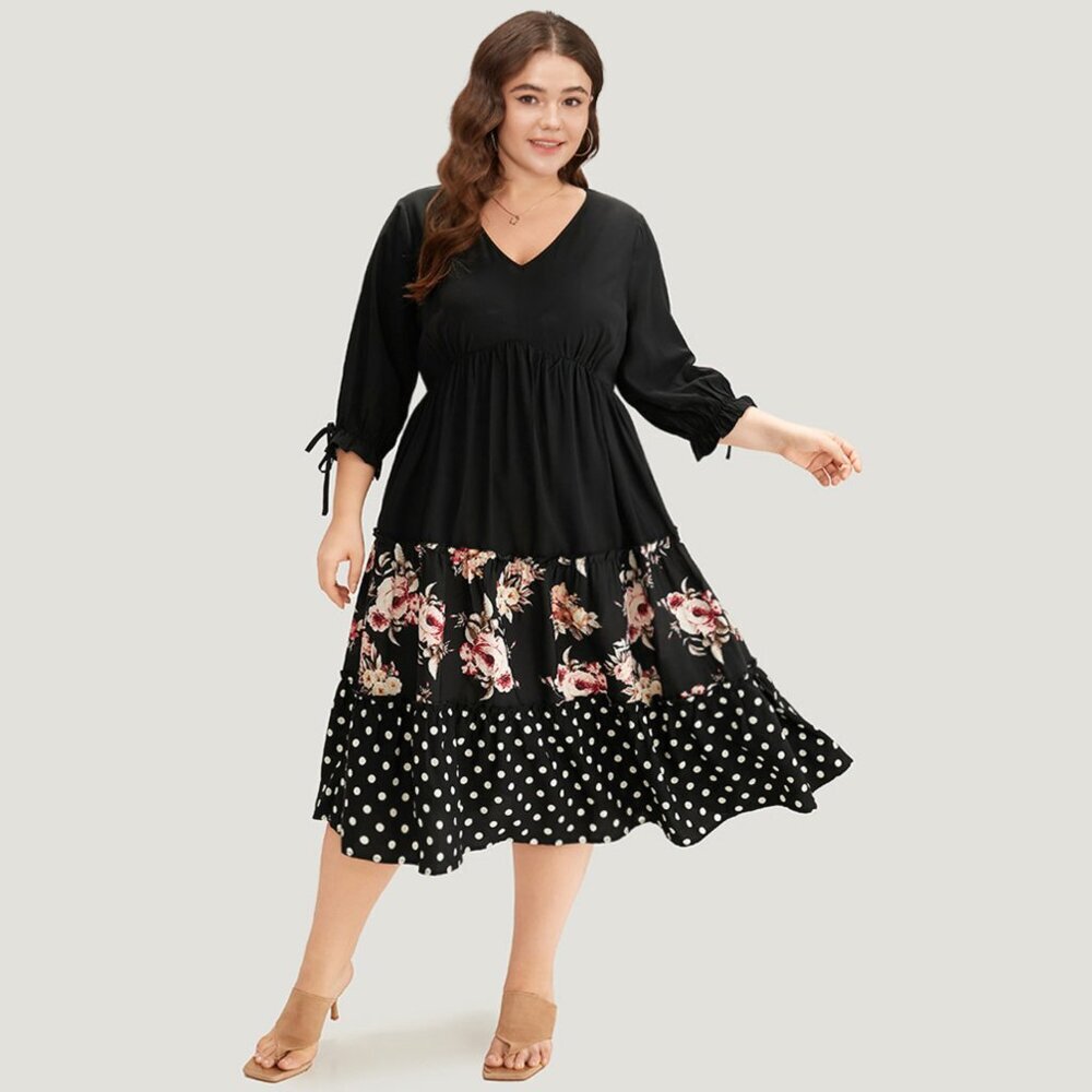 BloomChic Black Polka Dot Patchwork Floral Knot Pocket Lantern Sleeve Dress